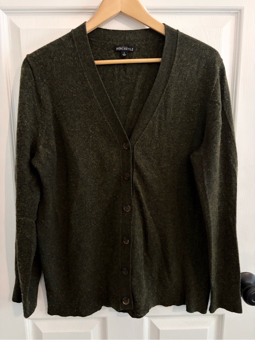 J.Crew Mercantile Olive Green Cotton Wool Blend V-Neck Cardigan Sweater - Size L